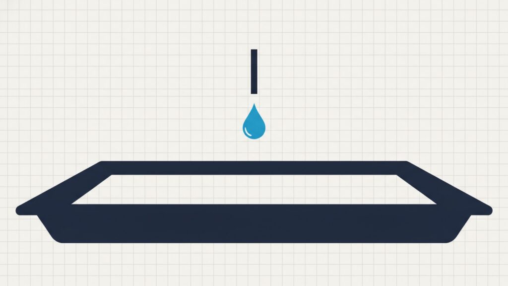 A funnel releasing a single small drop above a wide empty tray that is far larger than the trickle it is catching