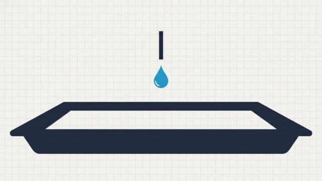 A funnel releasing a single small drop above a wide empty tray that is far larger than the trickle it is catching