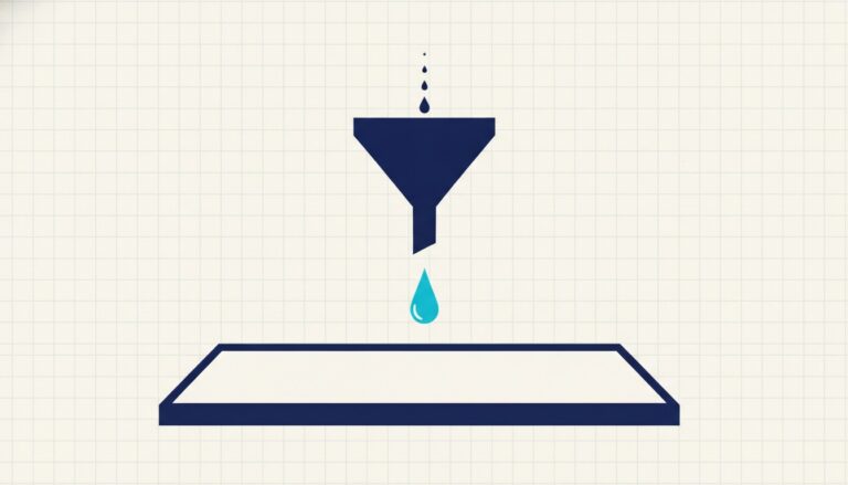 A funnel releasing a single small drop above a wide empty tray that is far larger than the trickle it is catching