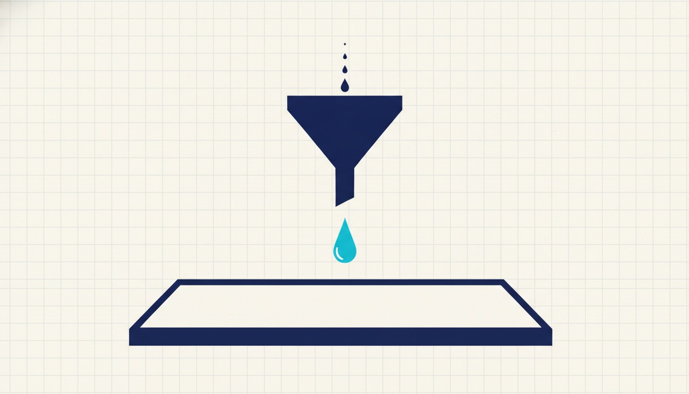 A funnel releasing a single small drop above a wide empty tray that is far larger than the trickle it is catching