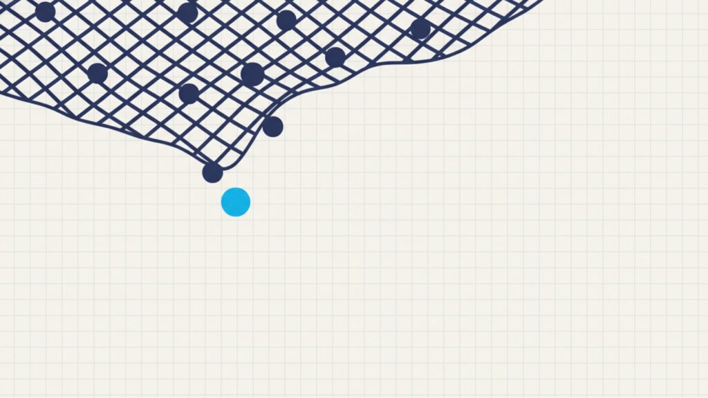 A coarse mesh holding many small spheres on its surface with exactly one having fallen through below it
