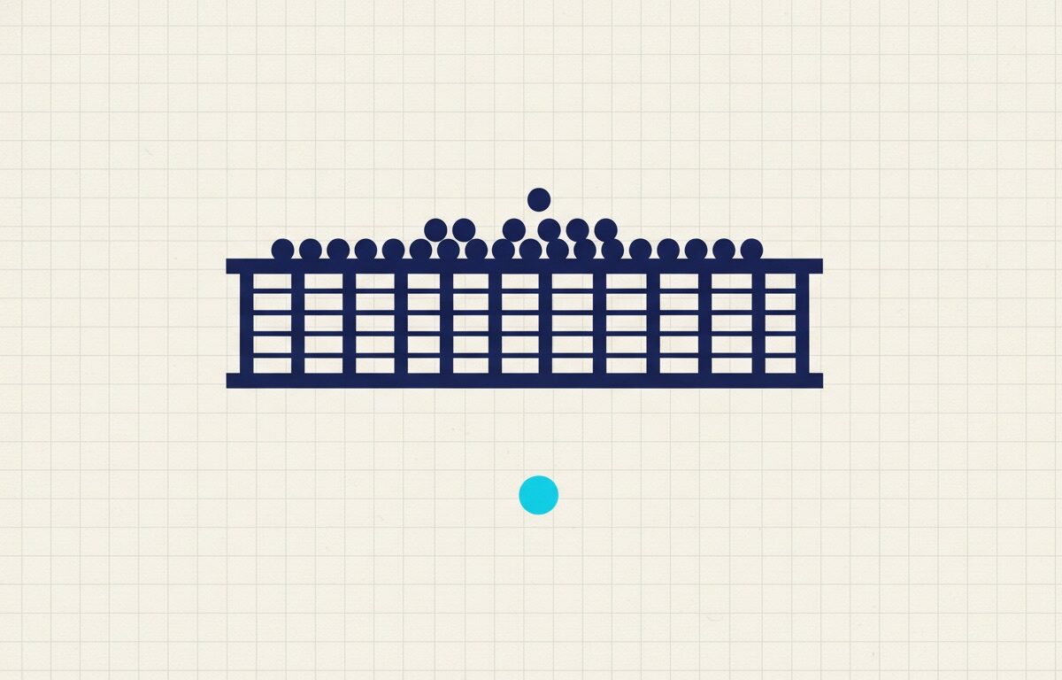 A coarse mesh holding many small spheres on its surface with exactly one having fallen through below it