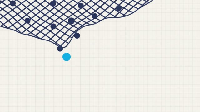 A coarse mesh holding many small spheres on its surface with exactly one having fallen through below it