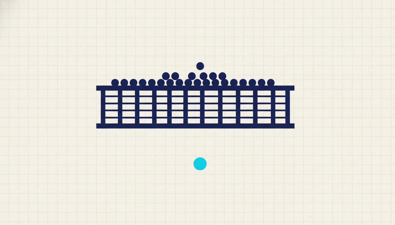 A coarse mesh holding many small spheres on its surface with exactly one having fallen through below it