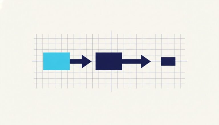 Three blocks of decreasing size connected left to right by one-way arrows