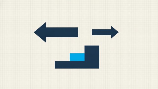 Two arrows of different thickness pointing in opposite directions above a short flight of descending steps