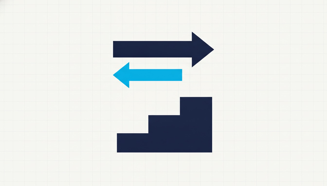 Two arrows of different thickness pointing in opposite directions above a short flight of descending steps