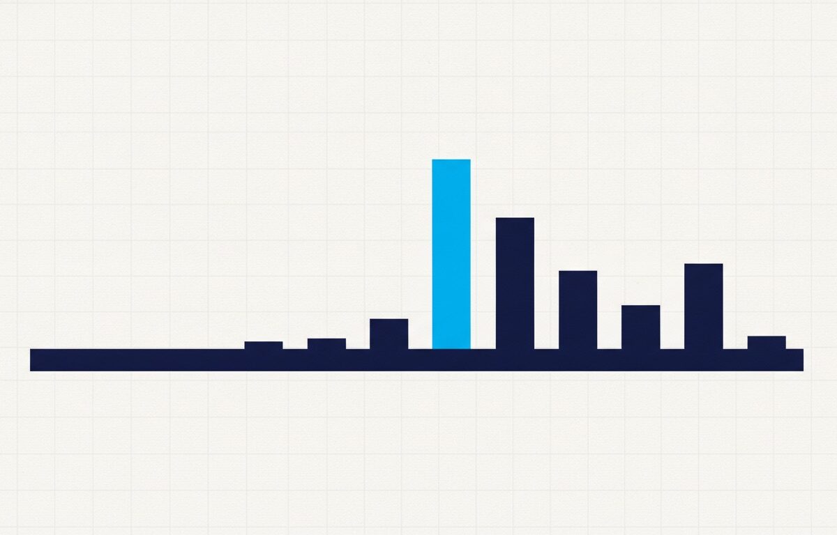 A baseline with bars at uneven intervals, one far taller than the rest following a long flat gap