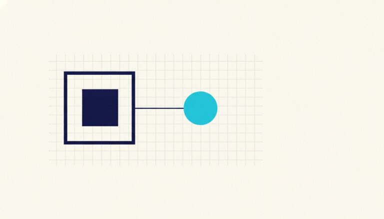A cube held inside a closed frame, joined by a single line to a free-standing disc outside it