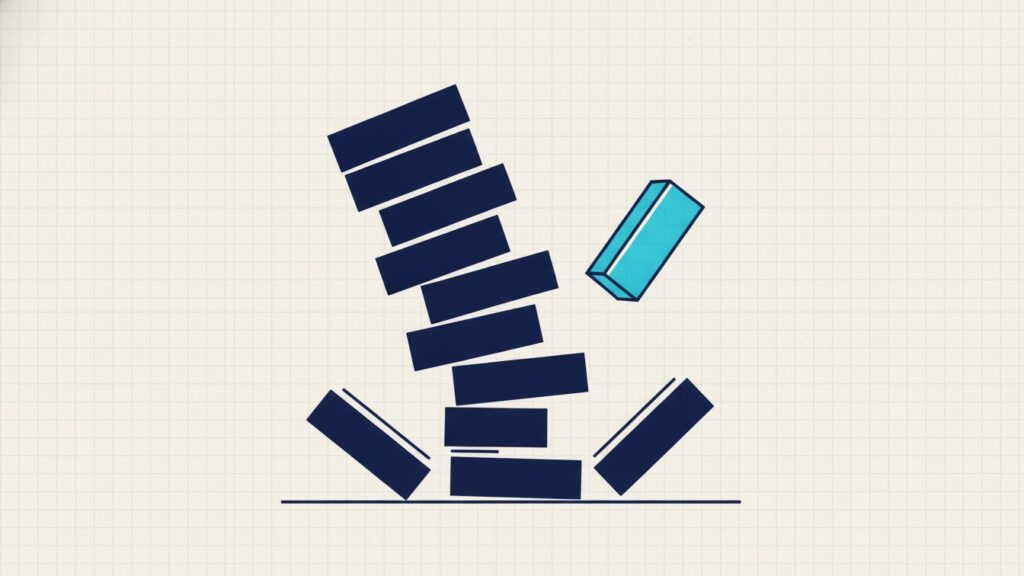 A stack of blocks mid-collapse with the lower blocks sliding out of alignment and one block falling clear