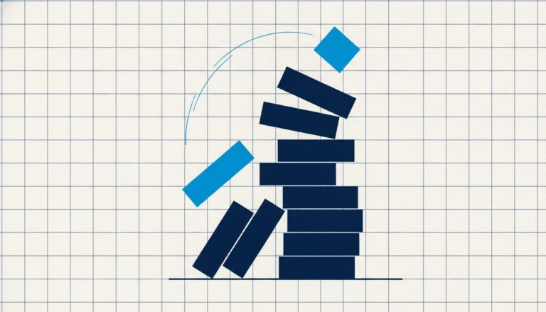 A stack of blocks mid-collapse with the lower blocks sliding out of alignment and one block falling clear