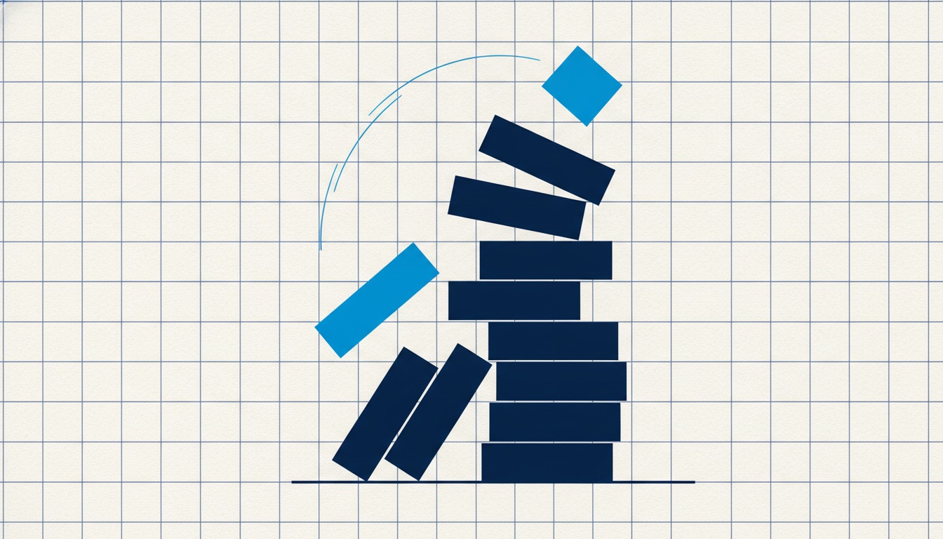 A stack of blocks mid-collapse with the lower blocks sliding out of alignment and one block falling clear
