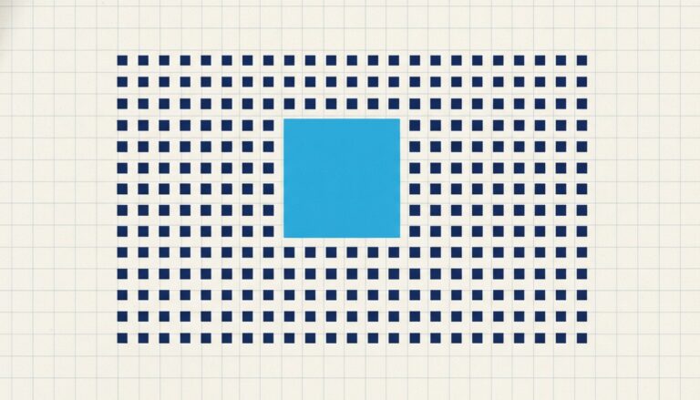 A field of small squares mostly tilted downward with one larger square standing upright among them