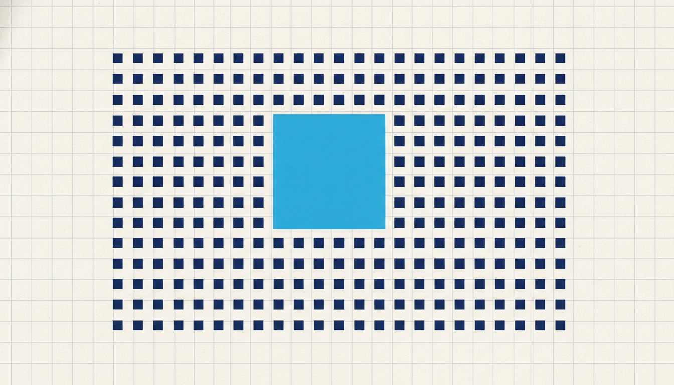 A field of small squares mostly tilted downward with one larger square standing upright among them