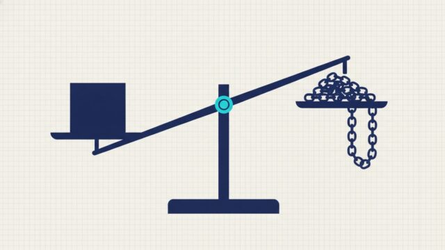 A balance scale weighing a single solid cube against a long chain of many small discs of equal total mass