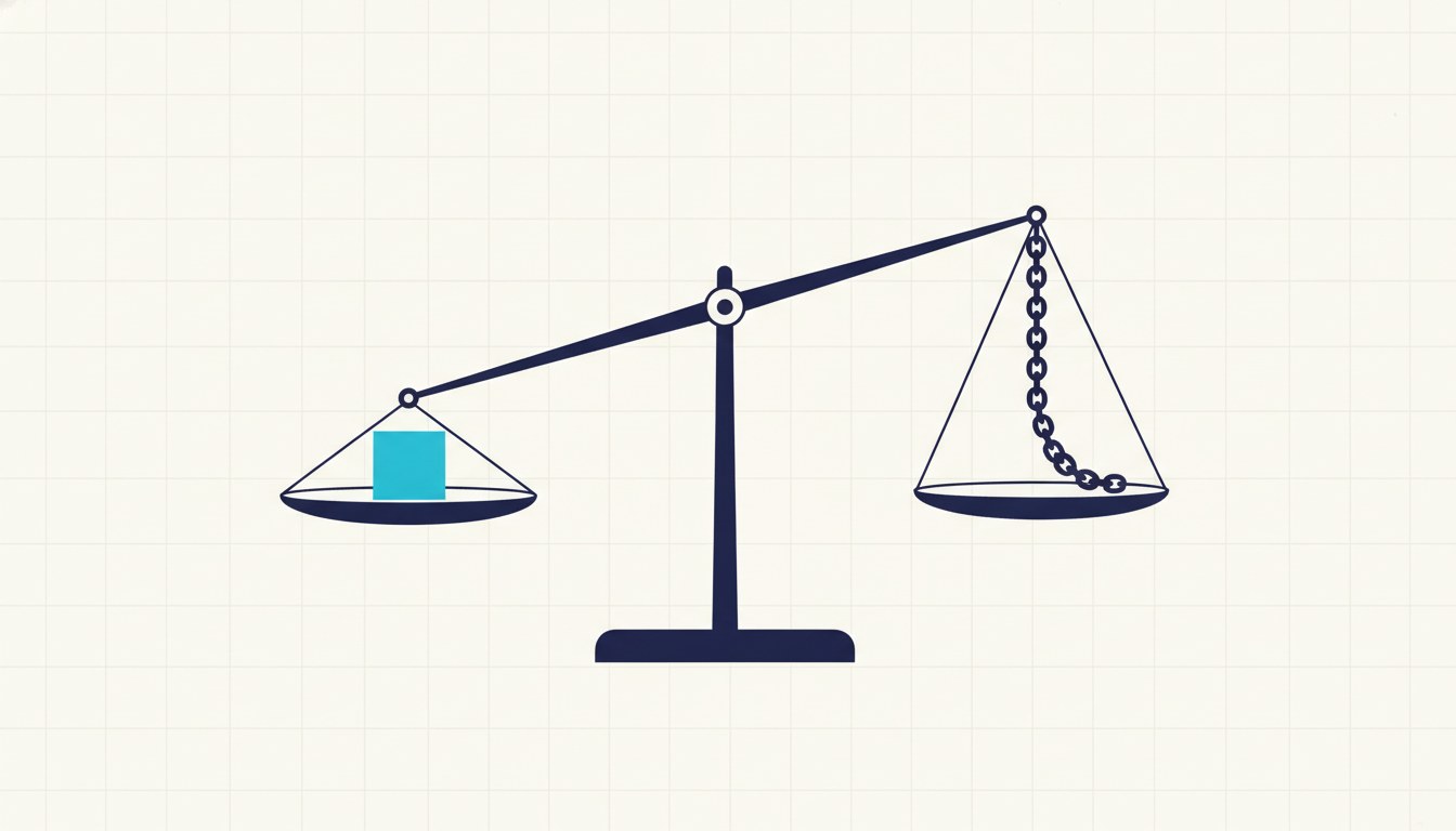 A balance scale weighing a single solid cube against a long chain of many small discs of equal total mass