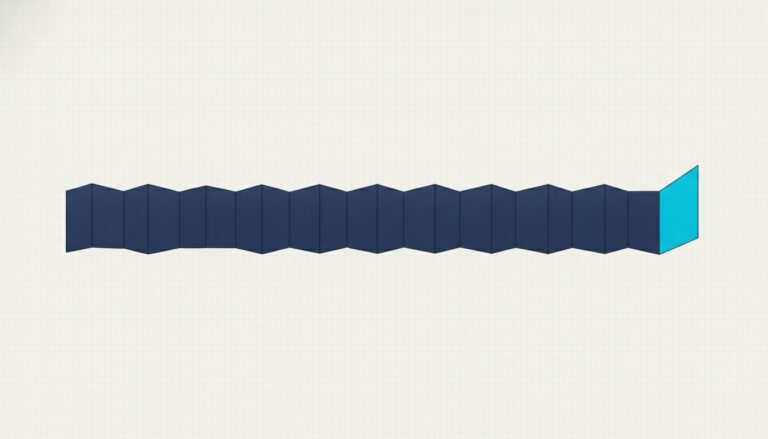 A concertina-folded paper ribbon lying flat, with only the final fold standing upright and picked out in blue