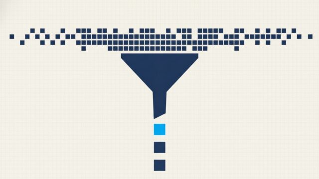 A funnel taking a wide stream in at the top and releasing a much narrower stream at the bottom
