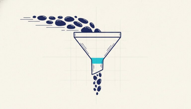 A funnel taking a wide stream in at the top and releasing a much narrower stream at the bottom