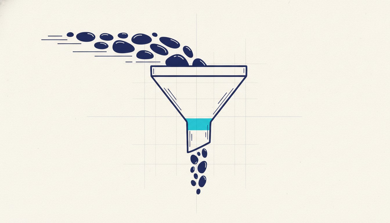 A funnel taking a wide stream in at the top and releasing a much narrower stream at the bottom