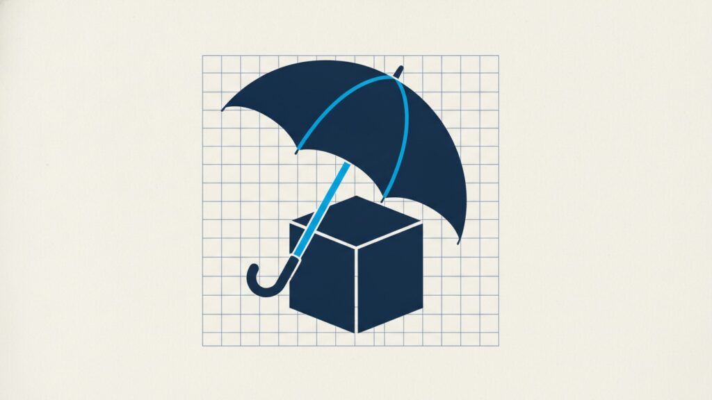 An open umbrella sheltering a cube from above while its sides remain completely exposed