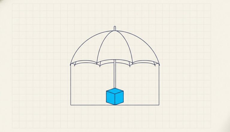 An open umbrella sheltering a cube from above while its sides remain completely exposed