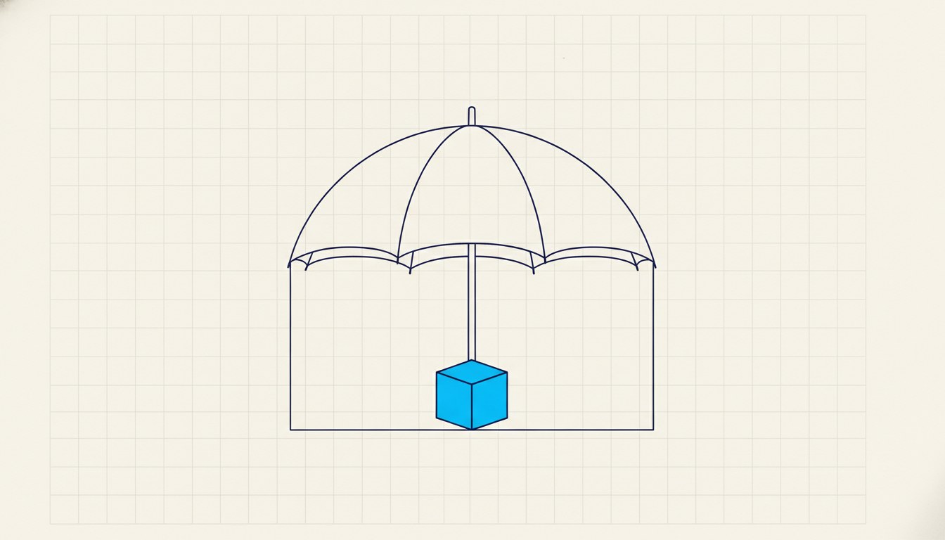 An open umbrella sheltering a cube from above while its sides remain completely exposed