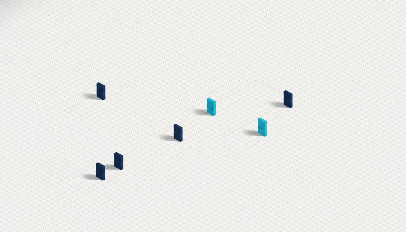 A field of domino tiles lying flat with only three or four tipped up on their edges
