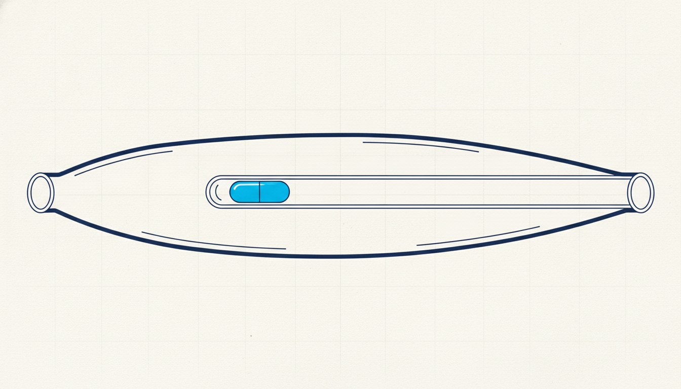 A sealed pneumatic tube carrying a single capsule, with both ends open and unattended