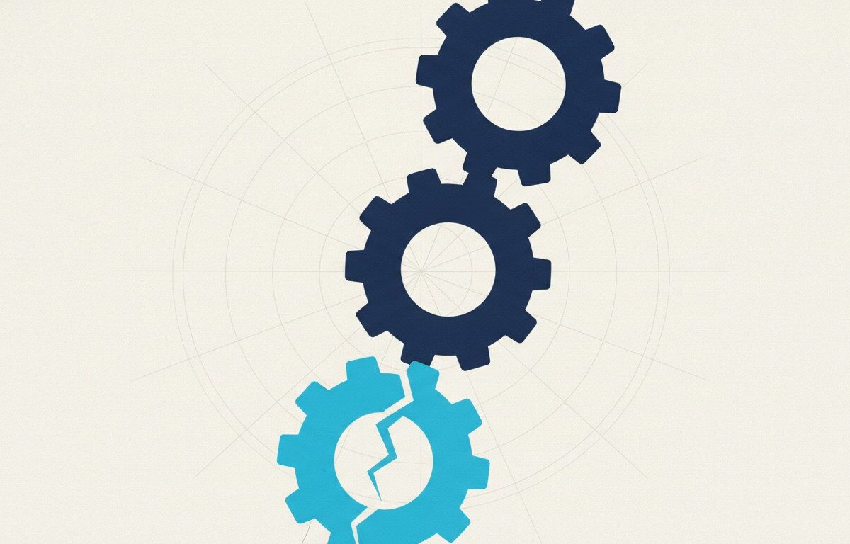 A leaning tower of large solid interlocking gears with the lowest one split by a single crack