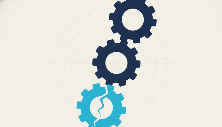 A leaning tower of large solid interlocking gears with the lowest one split by a single crack