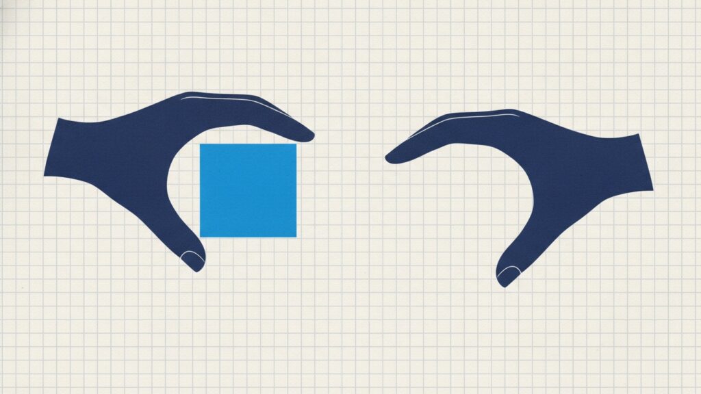 One cupped hand holding a cube beside a second, empty cupped hand turned away