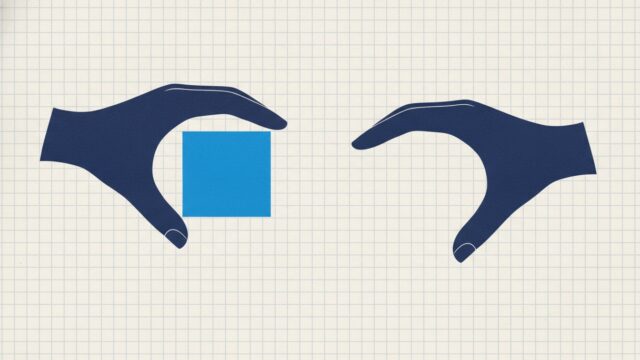 One cupped hand holding a cube beside a second, empty cupped hand turned away
