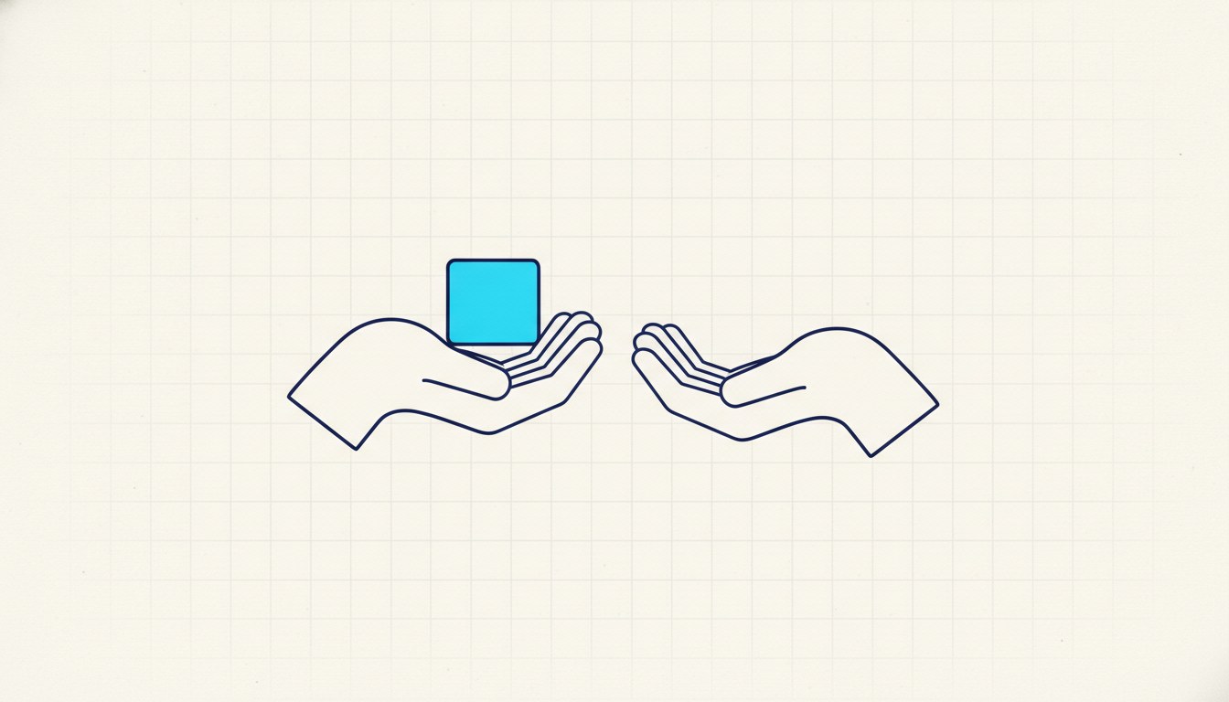 One cupped hand holding a cube beside a second, empty cupped hand turned away