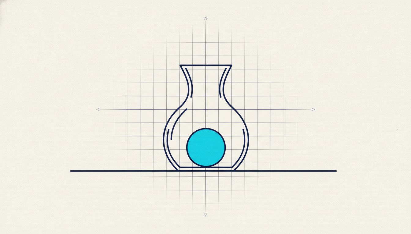 A fully transparent glass vessel with a single sphere resting inside in plain view