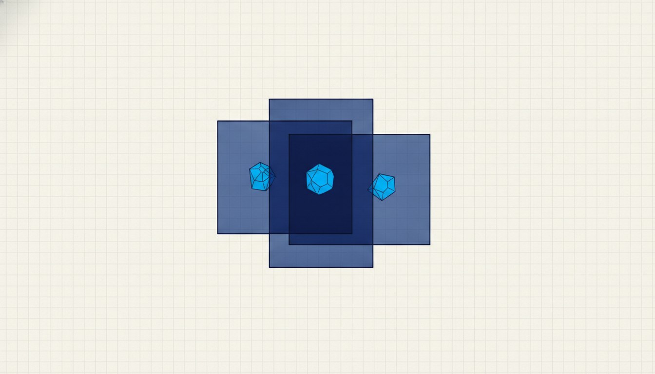 Several overlapping translucent panes layered over one small object, each bending the view differently