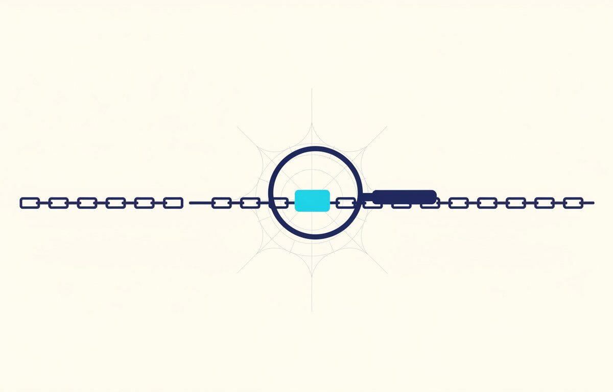 A magnifying lens over a long chain of identical blank blocks, enlarging exactly one of them