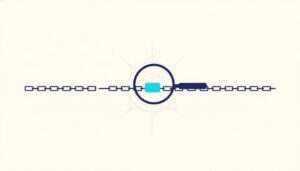 A magnifying lens over a long chain of identical blank blocks, enlarging exactly one of them