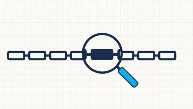 A magnifying lens over a long chain of identical blank blocks, enlarging exactly one of them