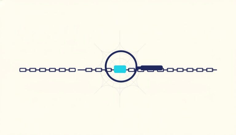 A magnifying lens over a long chain of identical blank blocks, enlarging exactly one of them