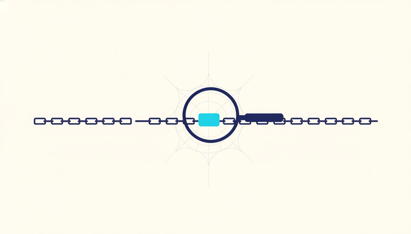 A magnifying lens over a long chain of identical blank blocks, enlarging exactly one of them